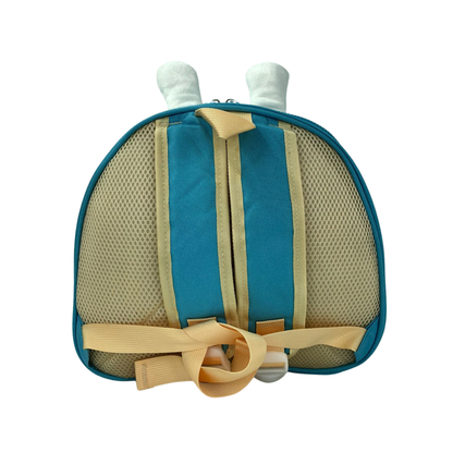 3D bunny lunch bag back panel with mesh pocket, teal and tan straps, carry handle