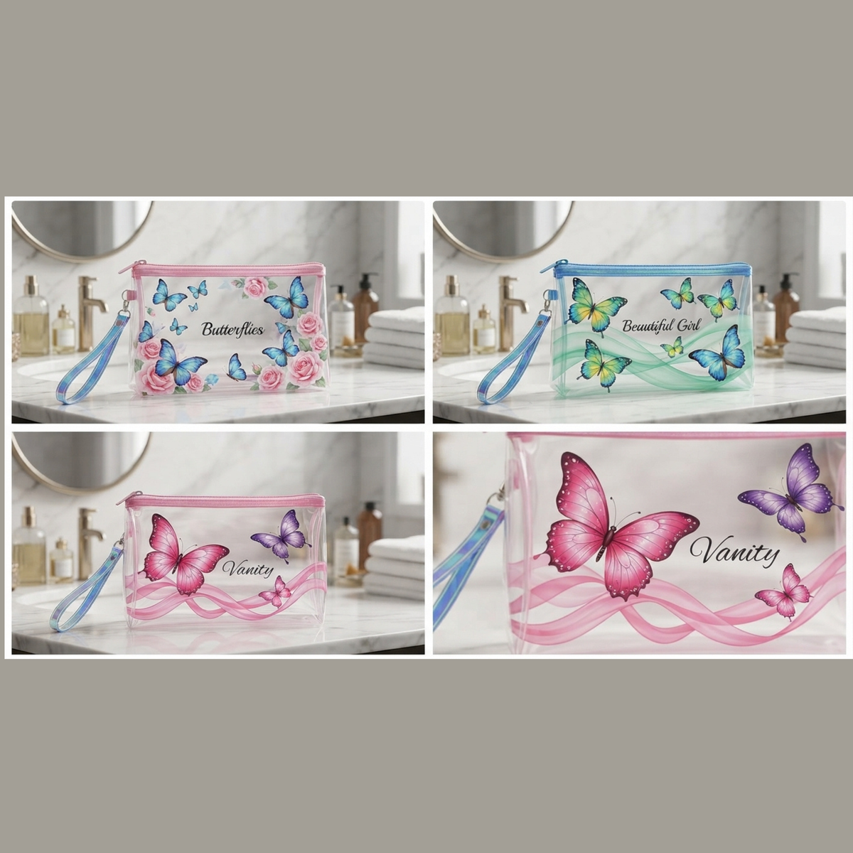 Transparent cosmetic bag with butterfly print in pink and blue tones, with wrist straps