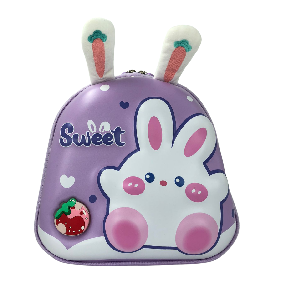 3D bunny lunch bag, purple with carrot-ear plush and front bunny face graphic