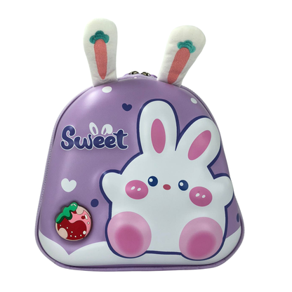 3D bunny lunch bag, purple with carrot-ear plush and front bunny face graphic
