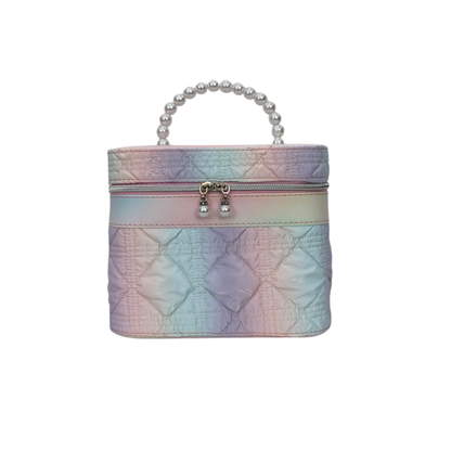 Quilted pastel rainbow vanity pouch, bead handle and top zipper detail on side