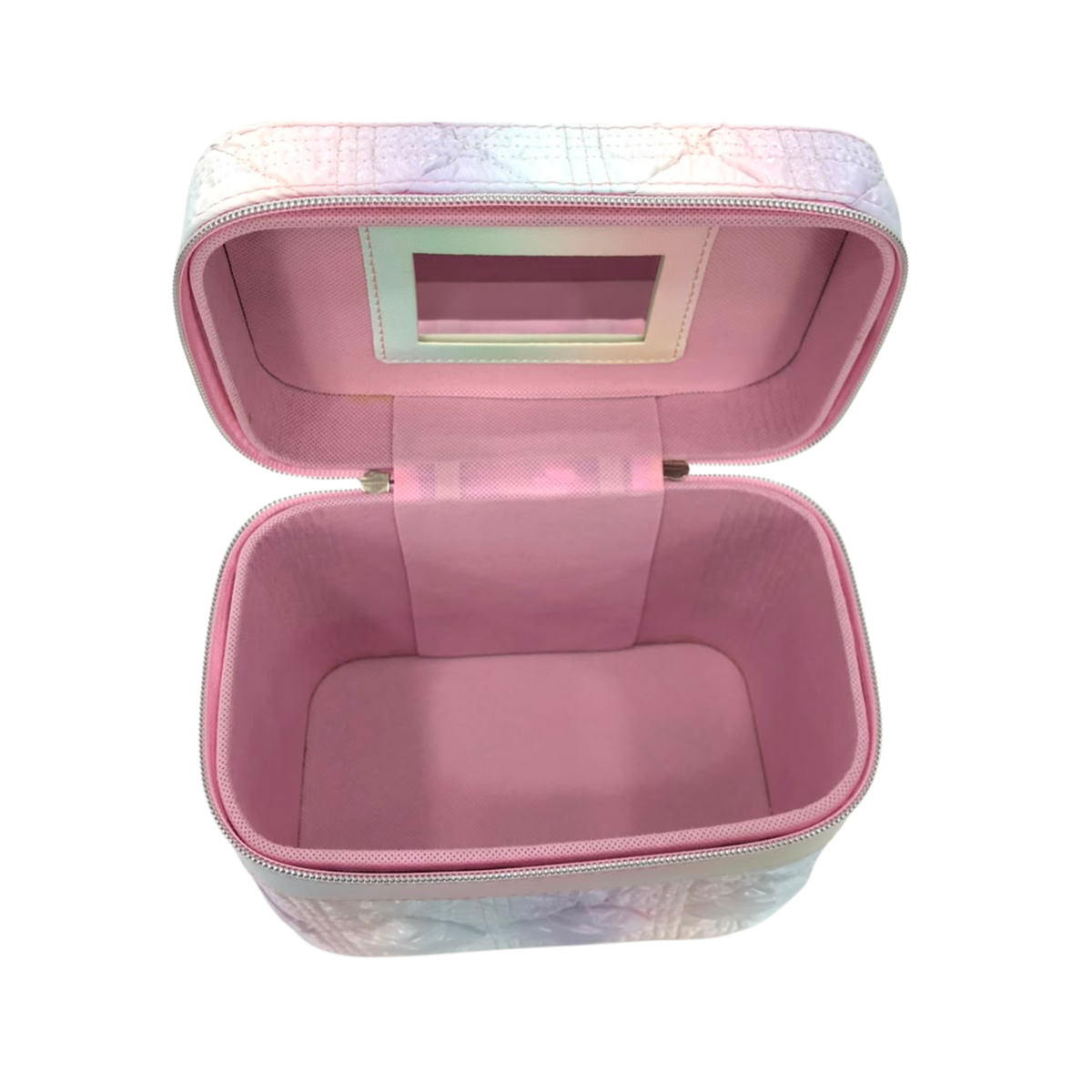 Quilted pastel rainbow vanity pouch open, showing pink satin interior and zipper