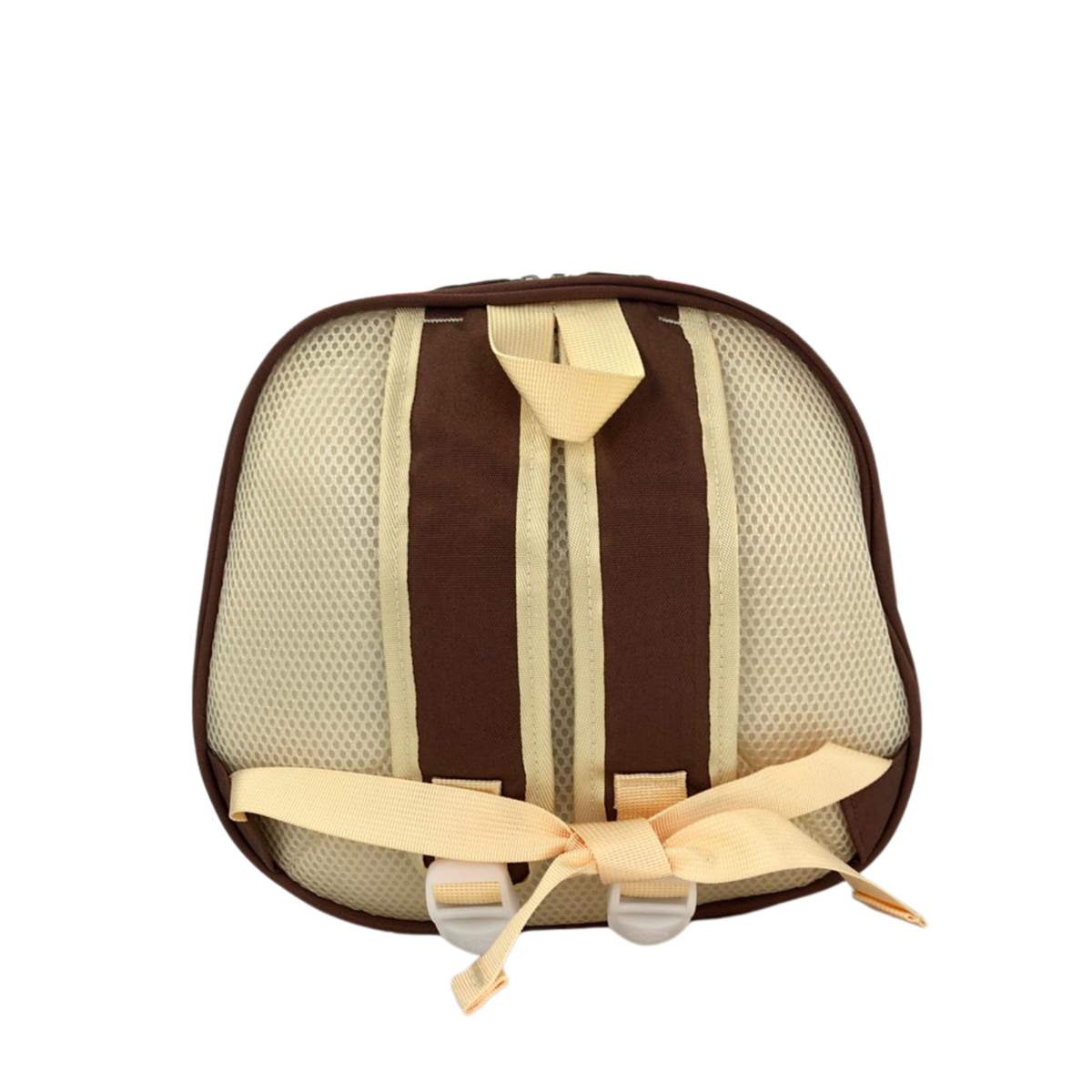Kids lunch bag back view in brown with tan mesh panel and beige straps