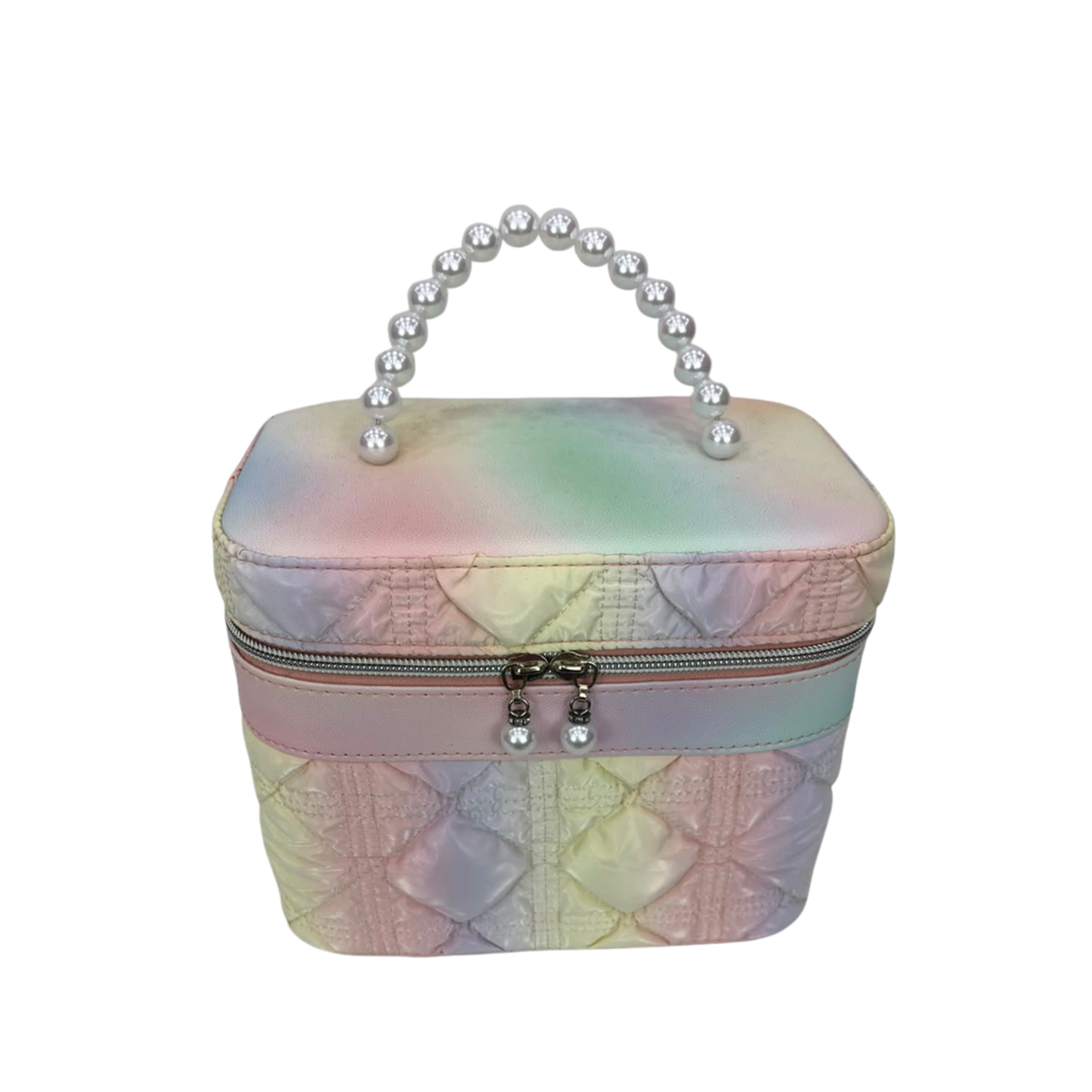 Quilted pastel rainbow vanity pouch with pearl beaded handle, curved top zipper