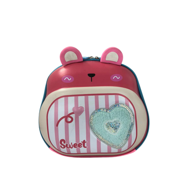 Kids lunch bag with bear ears, red-pink body, striped window front, light blue heart patch