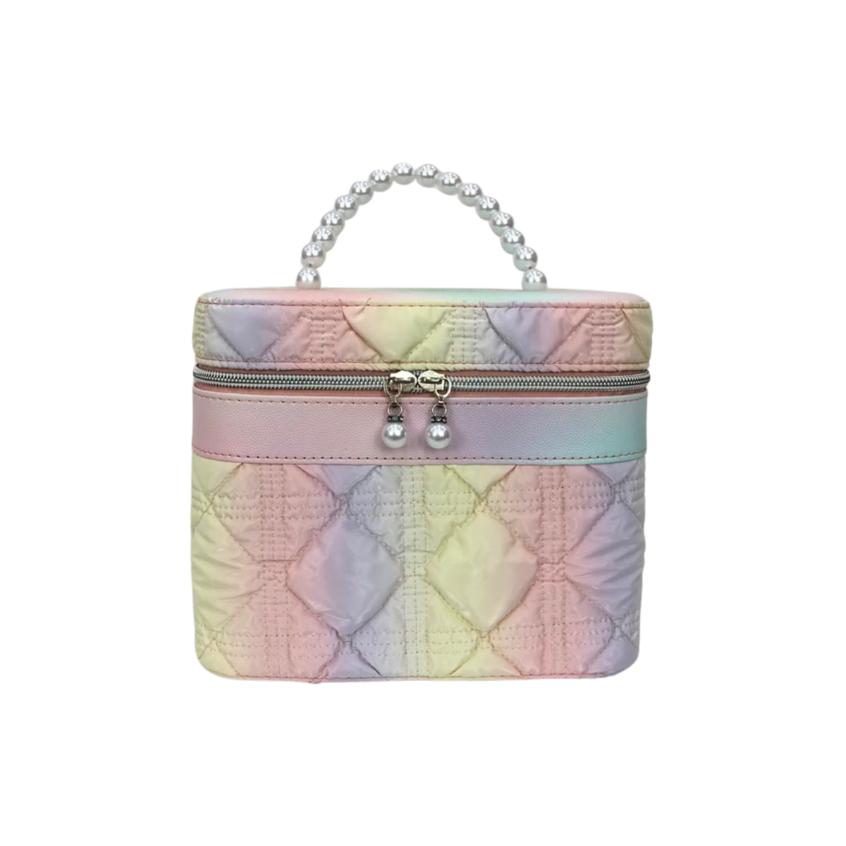 Quilted pastel rainbow vanity pouch with pearl beaded handle and top zipper