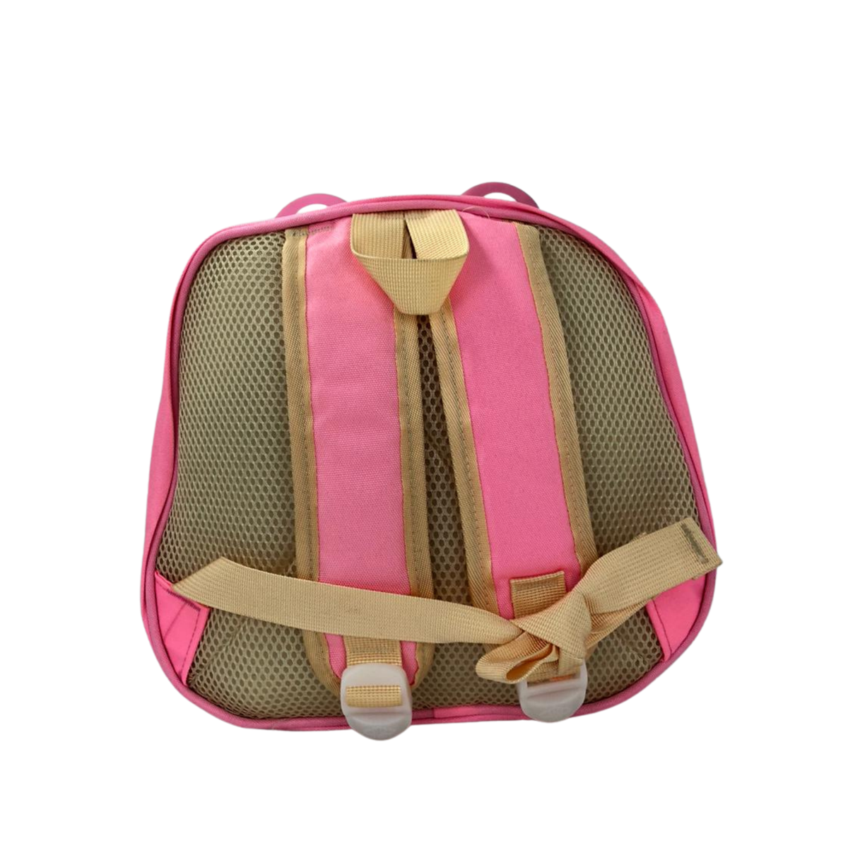 Kids lunch and storage bag back view with pink outer shell, tan mesh panel, padded straps