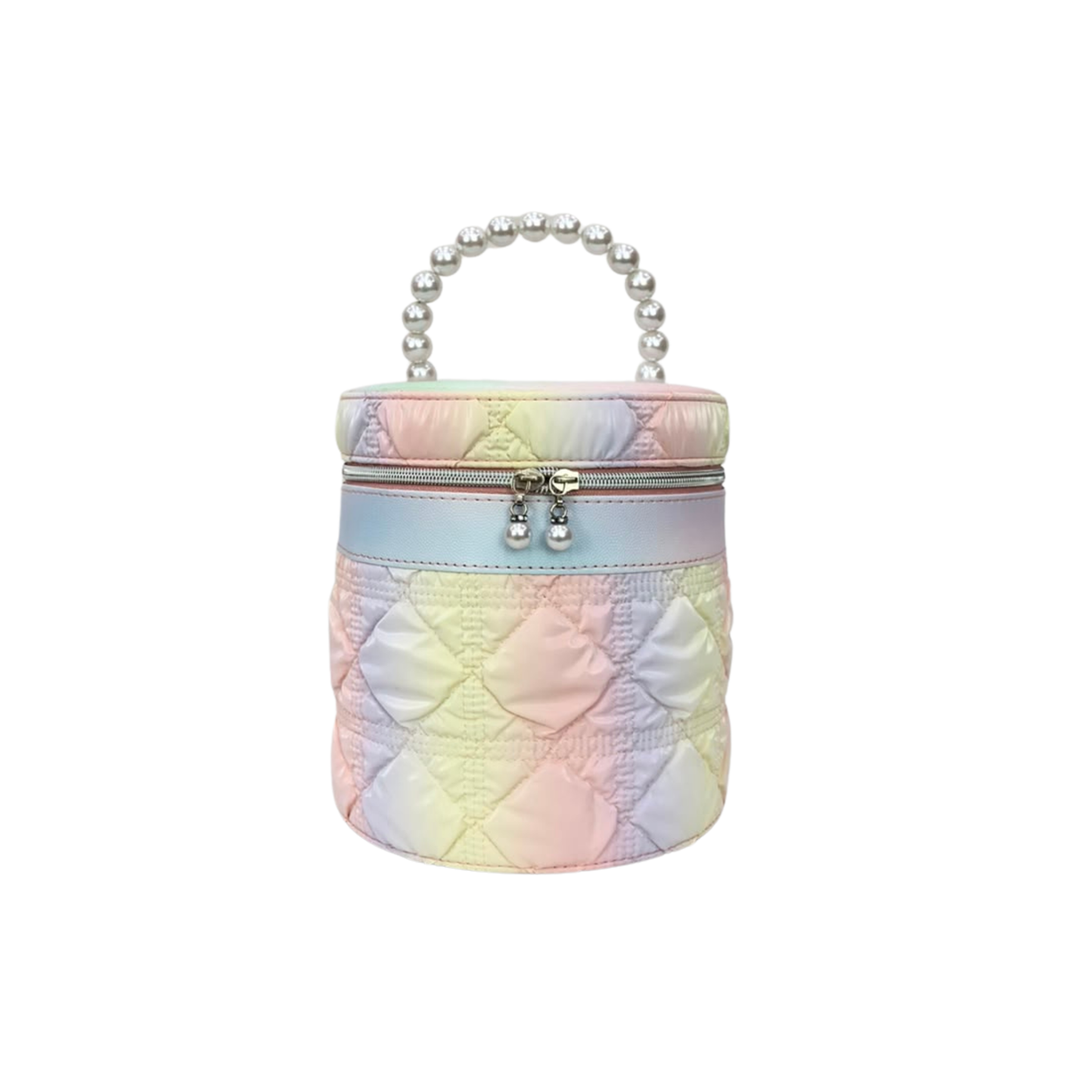 Pastel iridescent quilted cylinder vanity bag with double-zip top and pearl handle
