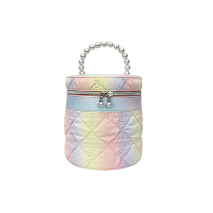 Pastel iridescent quilted cylinder vanity bag with double-zip top and pearl handle