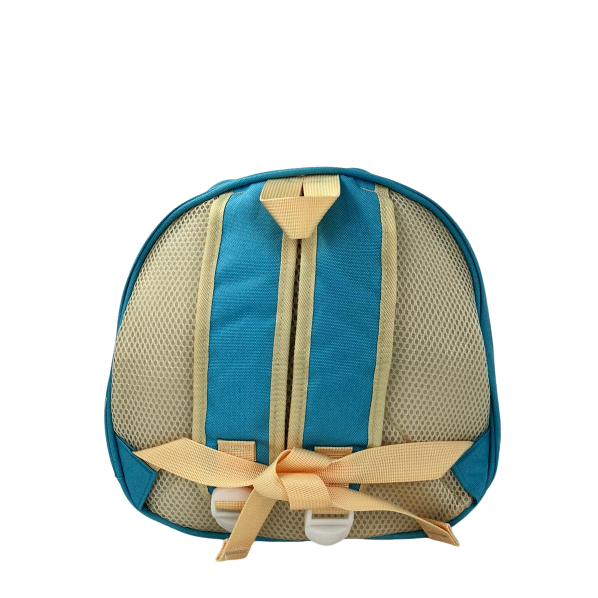 Kids lunch bag back view with mesh panel and blue straps on tan lining