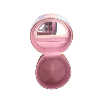 Open pastel iridescent quilted vanity bag with pink interior and pearl handle
