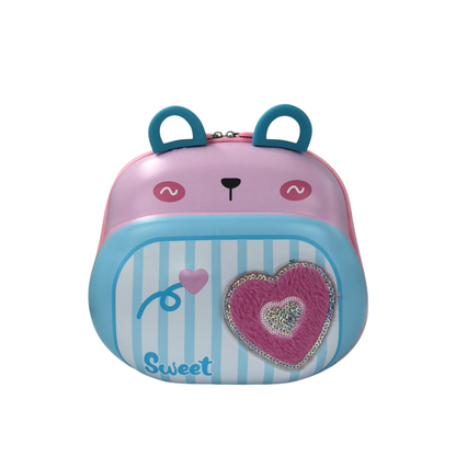 Kids lunch and storage bag with bear ears, pink body, blue striped front pocket, heart patch