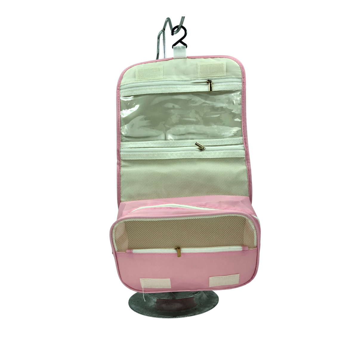 Hanging toiletry bag with clear top pocket, mint fabric and pink trim, two zip compartments