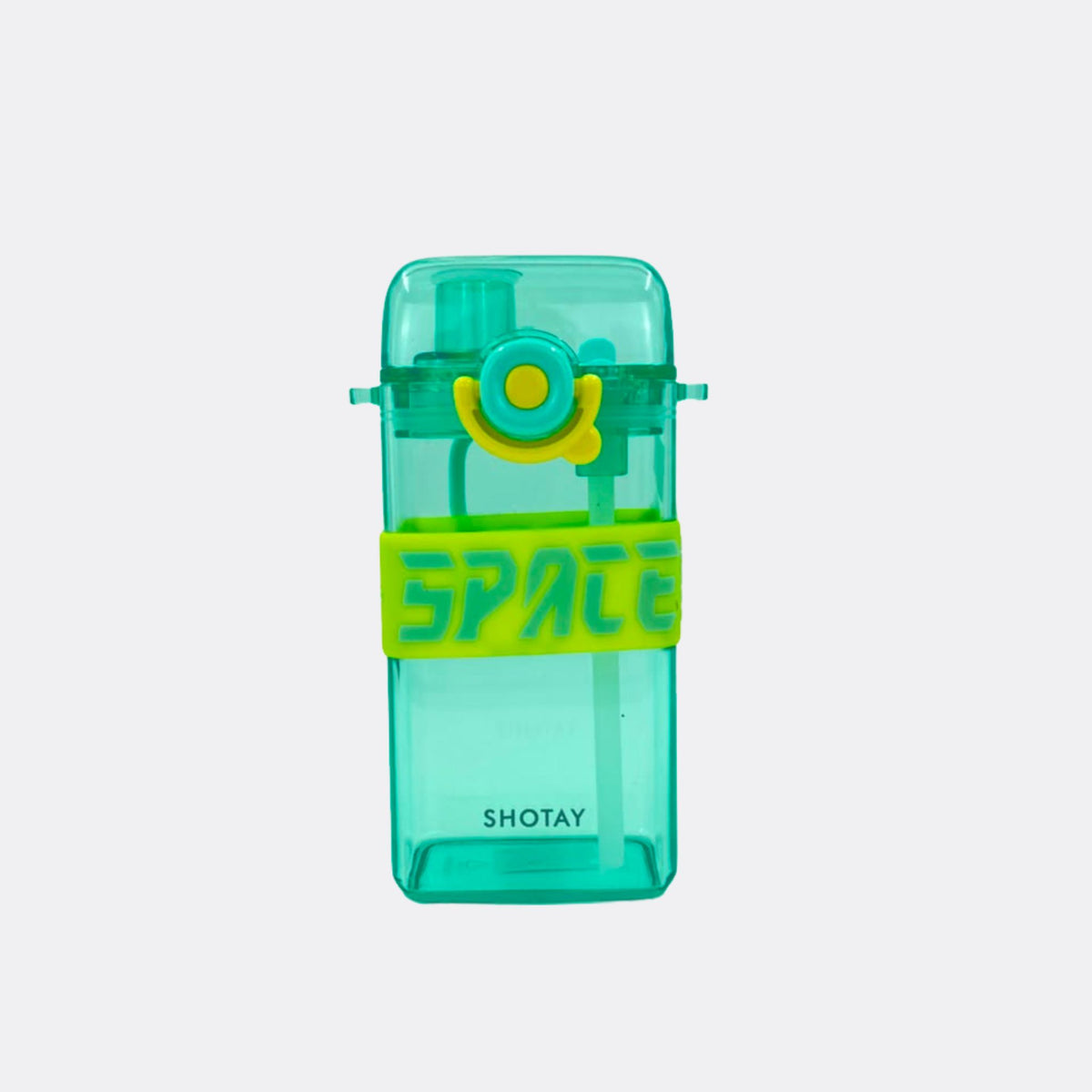 Green transparent square water bottle with round yellow lid button and carry handle.
