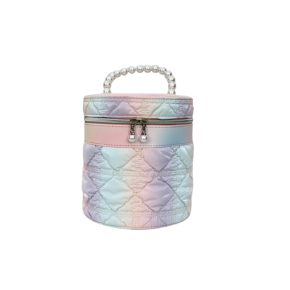 Pastel iridescent quilted cylinder vanity bag with pearl handle and top zipper