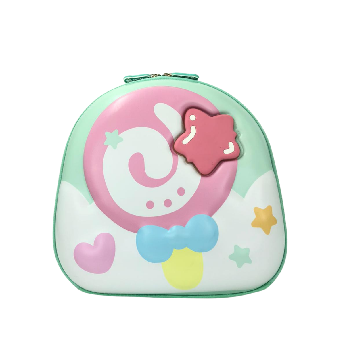 Kids lunch bag with mint and pink space graphic, zipper top, and molded front