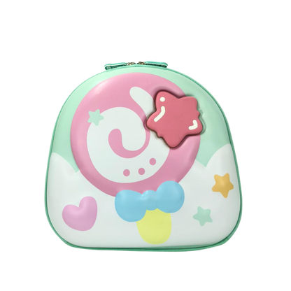 Kids lunch bag with mint and pink space graphic, zipper top, and molded front