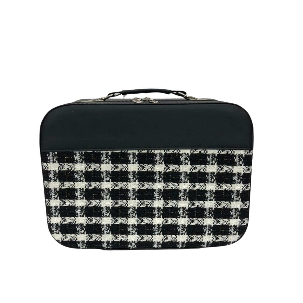 Structured cosmetic vanity case with top handle, black and white tweed check