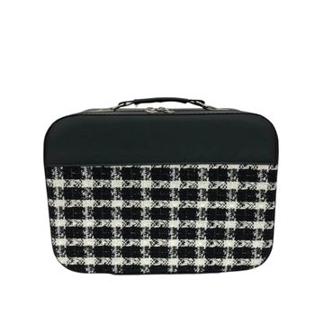 Structured cosmetic vanity case with top handle, black and white tweed check