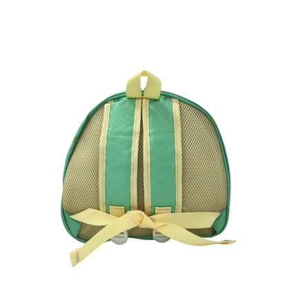 Green kids lunch bag with mesh back panel, dual straps, and zipper top