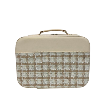 Structured cosmetic vanity case with top handle, beige tweed check front