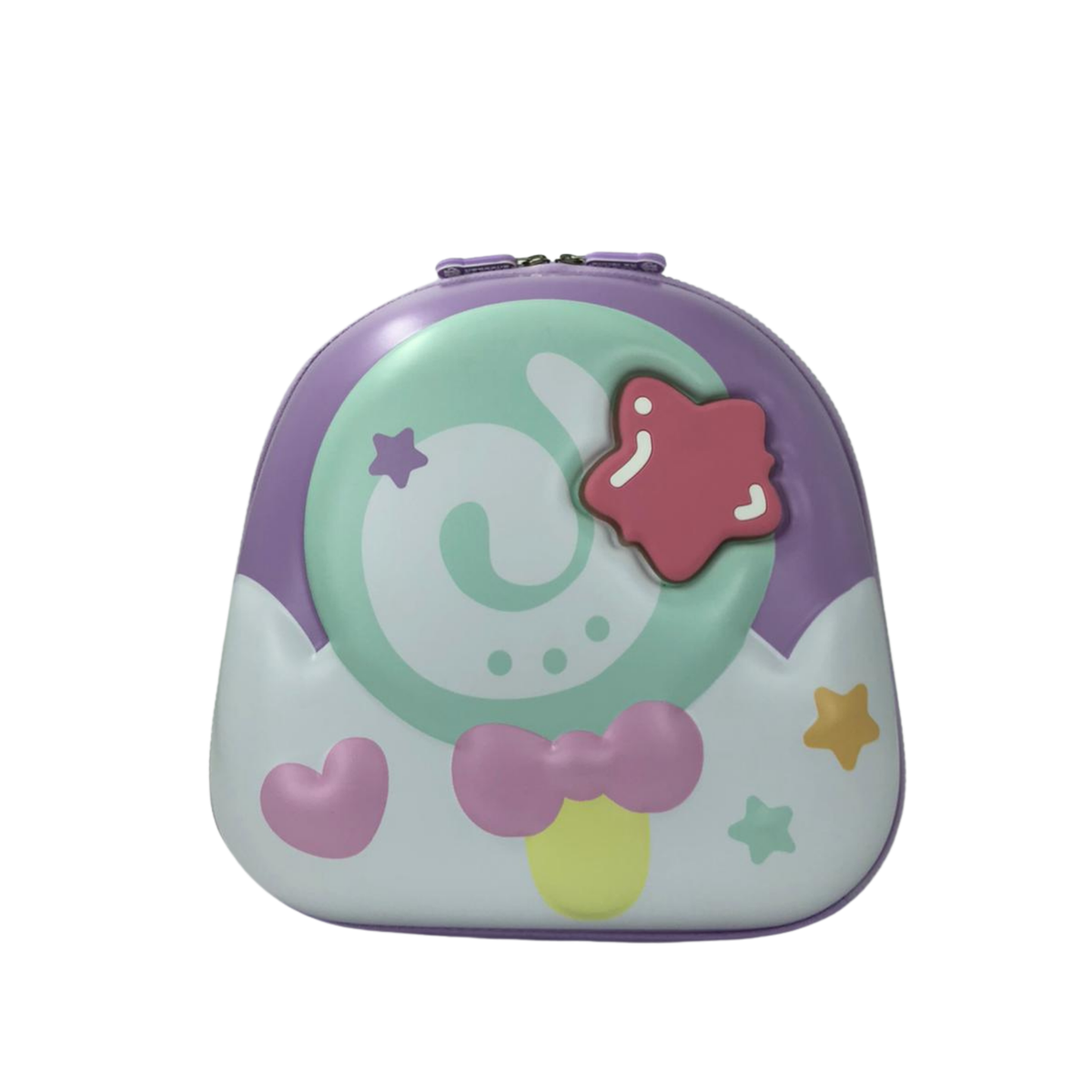 Kids lunch bag with pastel spaceship and stars graphic, rounded zipper top, molded front