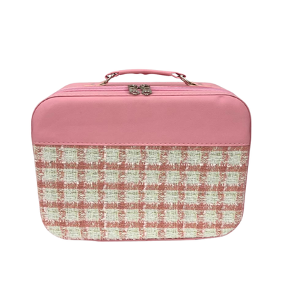 Structured cosmetic vanity case with top handle, pink and cream tweed check