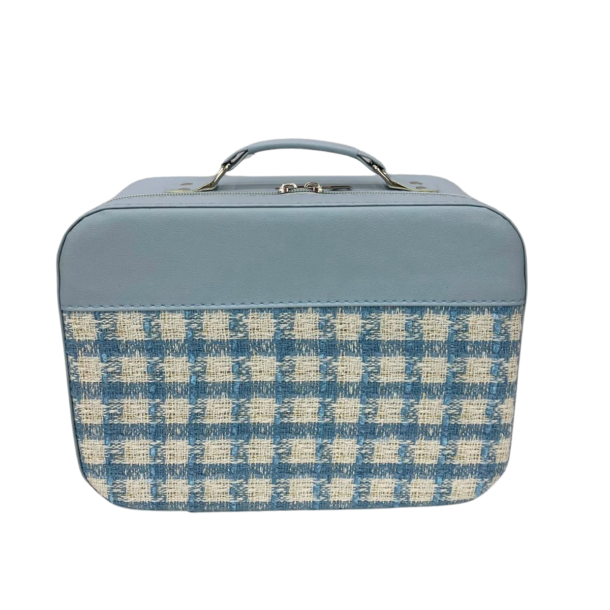 Structured tweed cosmetic vanity case with top handle, blue textured check panels