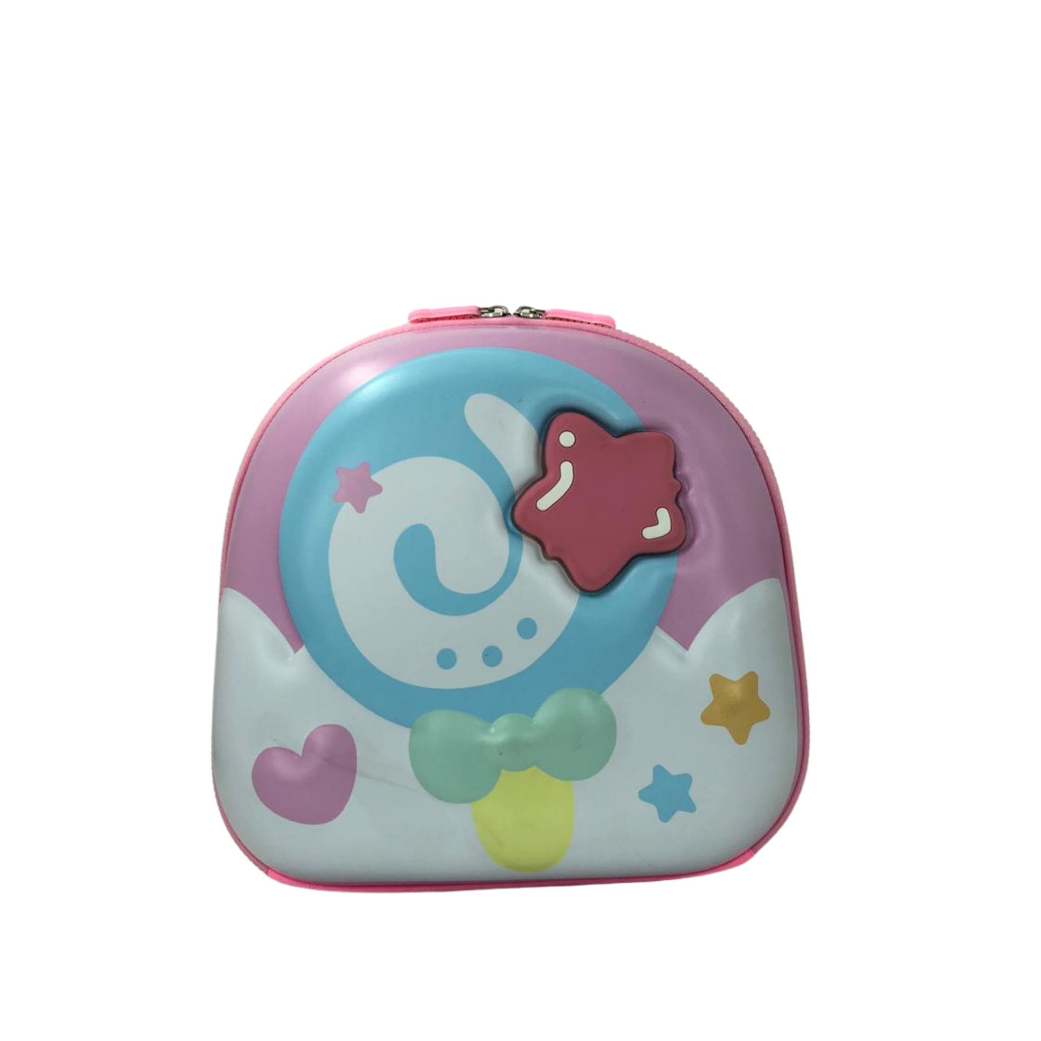 Kids lunch bag with pastel space graphic, rounded zipper top, and molded outer front