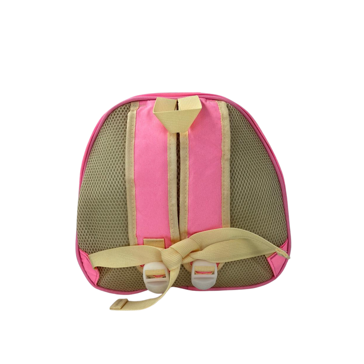 Pink and green kids lunch bag with front bow detail, zipper top, and mesh back panel