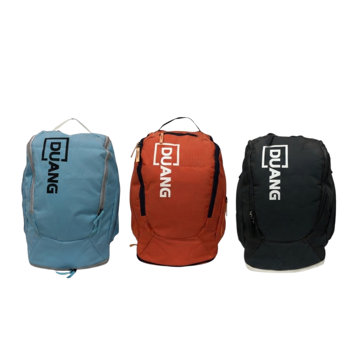 3-color DUANG casual sports backpacks, front view with top handles and bold logo