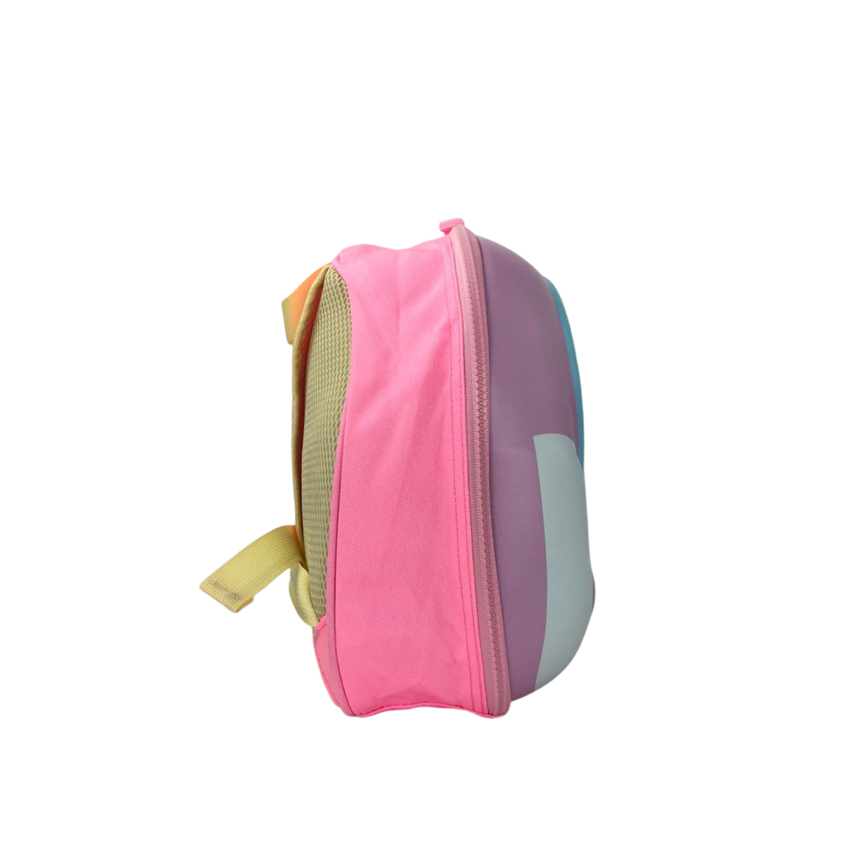 Pink kids lunch and storage bag with front zipper, mesh back, and yellow carrying strap