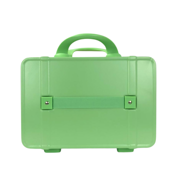 Light green kids hard-shell beauty organizer box with front clasp and top handle.