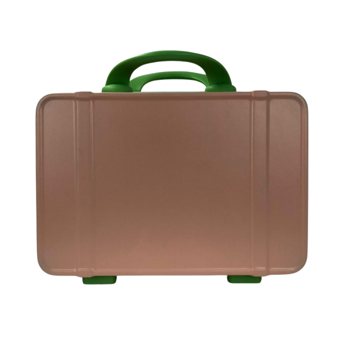 Brown kids hard-shell beauty box with green handle and corner support feet.