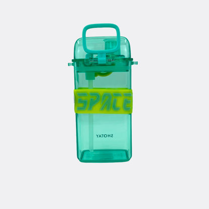 Green transparent square water bottle with carry handle and flip lid, SPATE label.