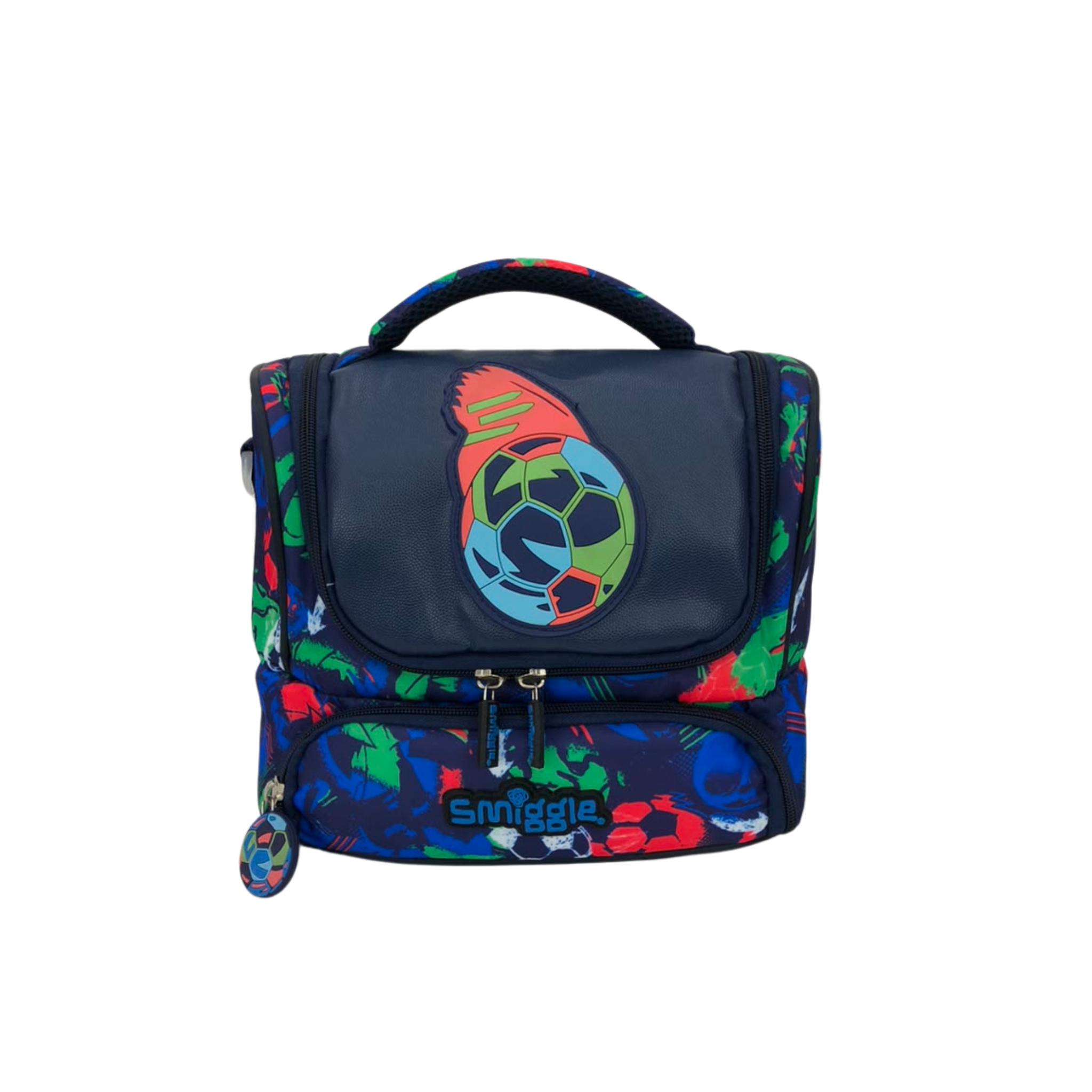 Double-decker lunchbox with soccer ball front pocket, zip closure, carry handle