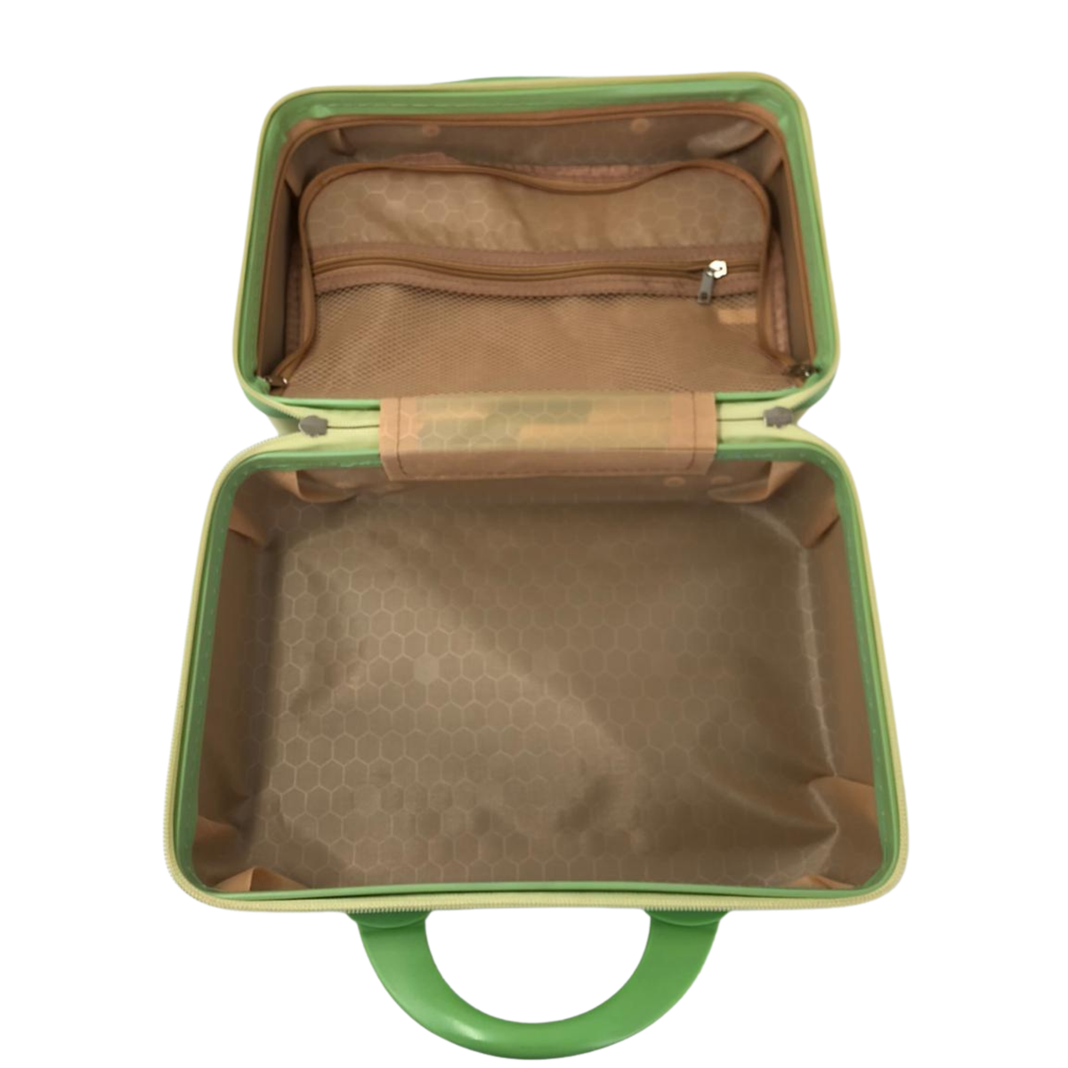 Open green kids beauty organizer showing inner mesh pouch and hex-pattern lining.