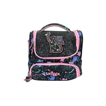 Double-decker lunchbox with two front panels, cat constellation art, and pink zipper trim