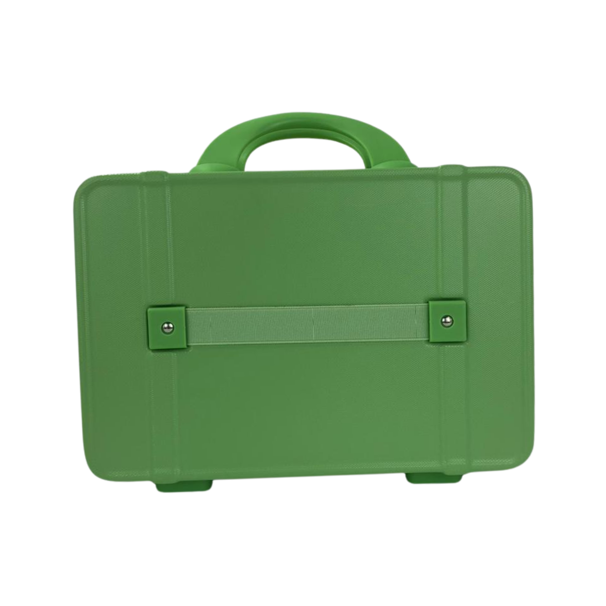 Green kids hard-shell beauty box with front clasp bar and carry handle.