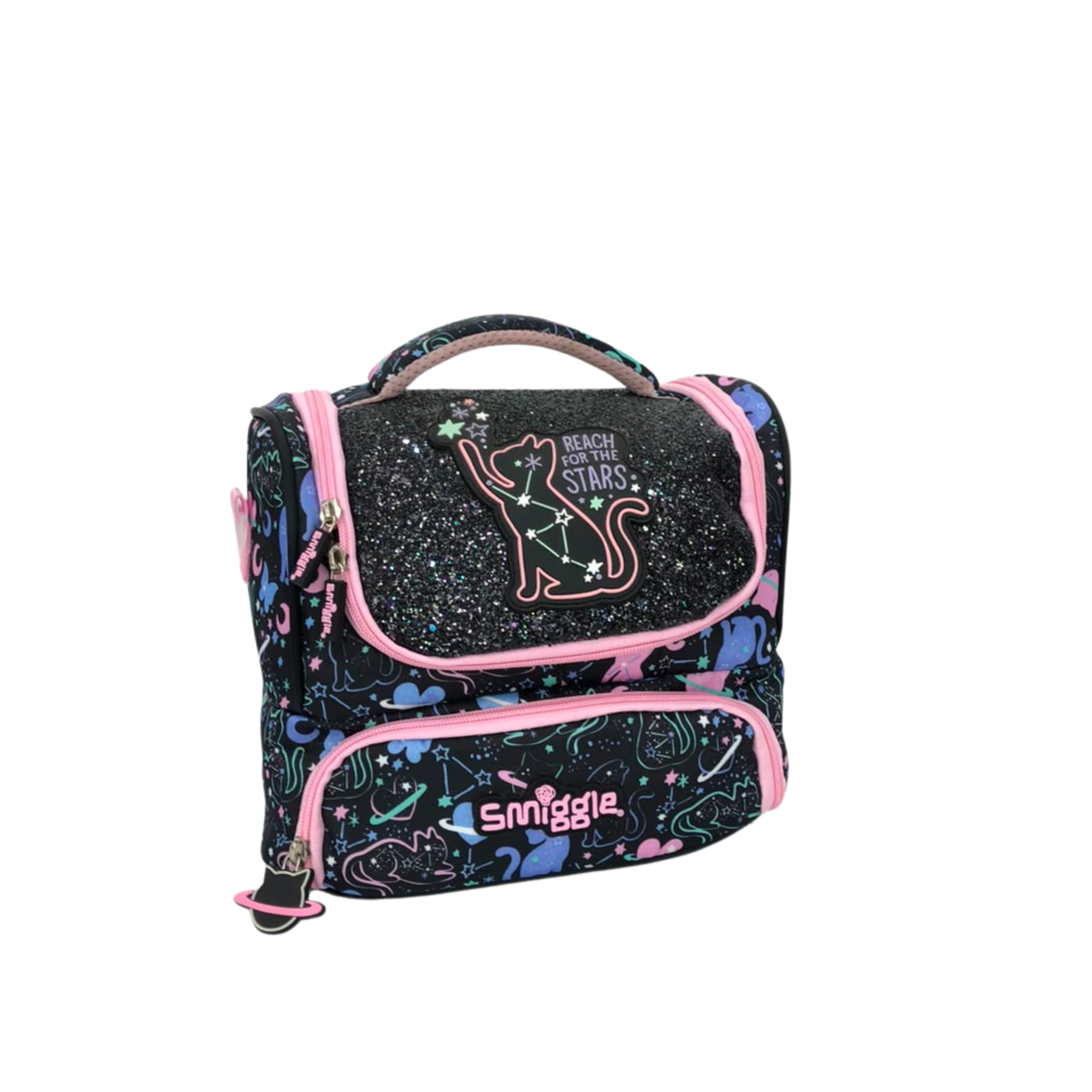 Double-decker lunchbox with dark glitter cat constellation graphic and pink trim