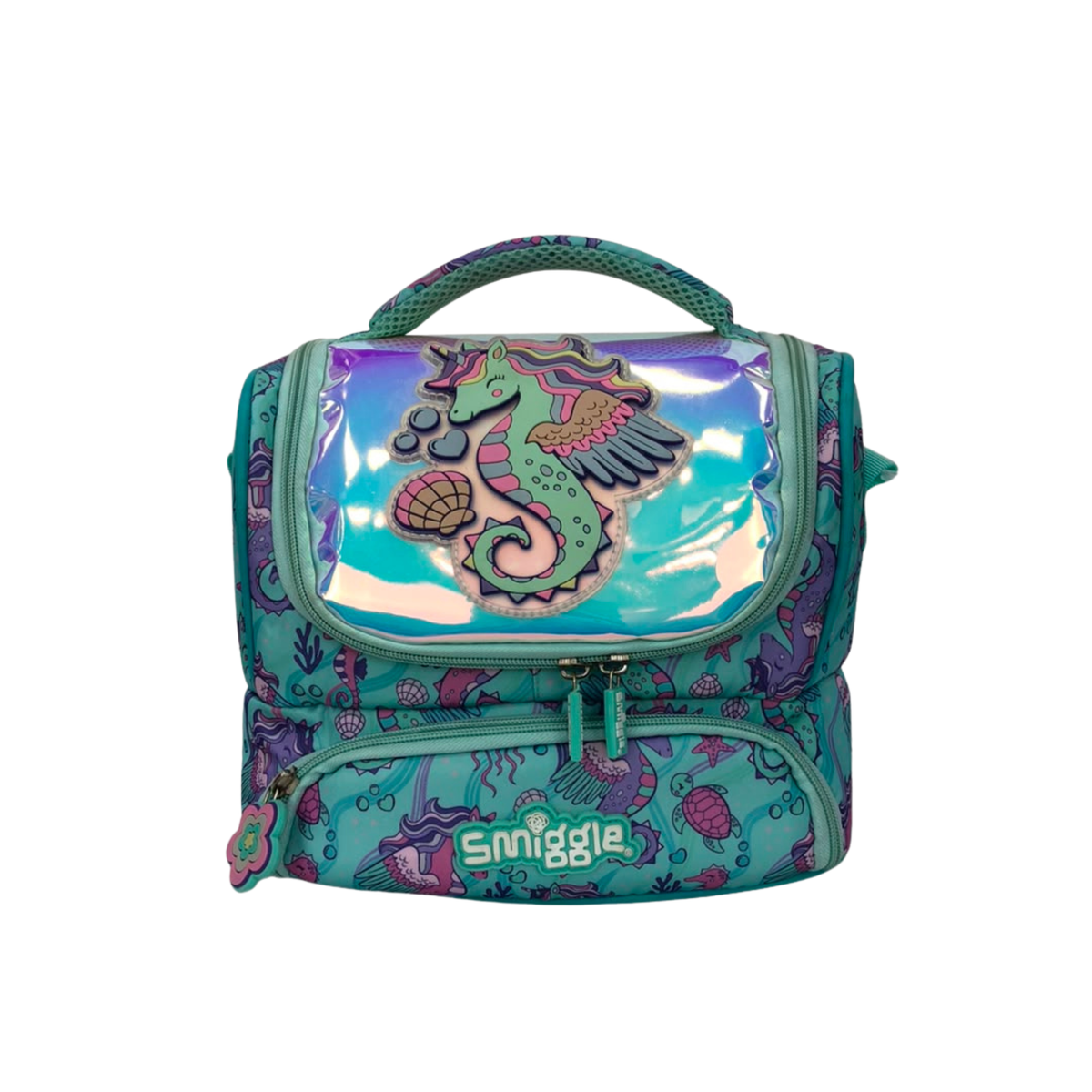 Double-decker lunchbox with teal and purple seahorse mermaid art and shiny front panel