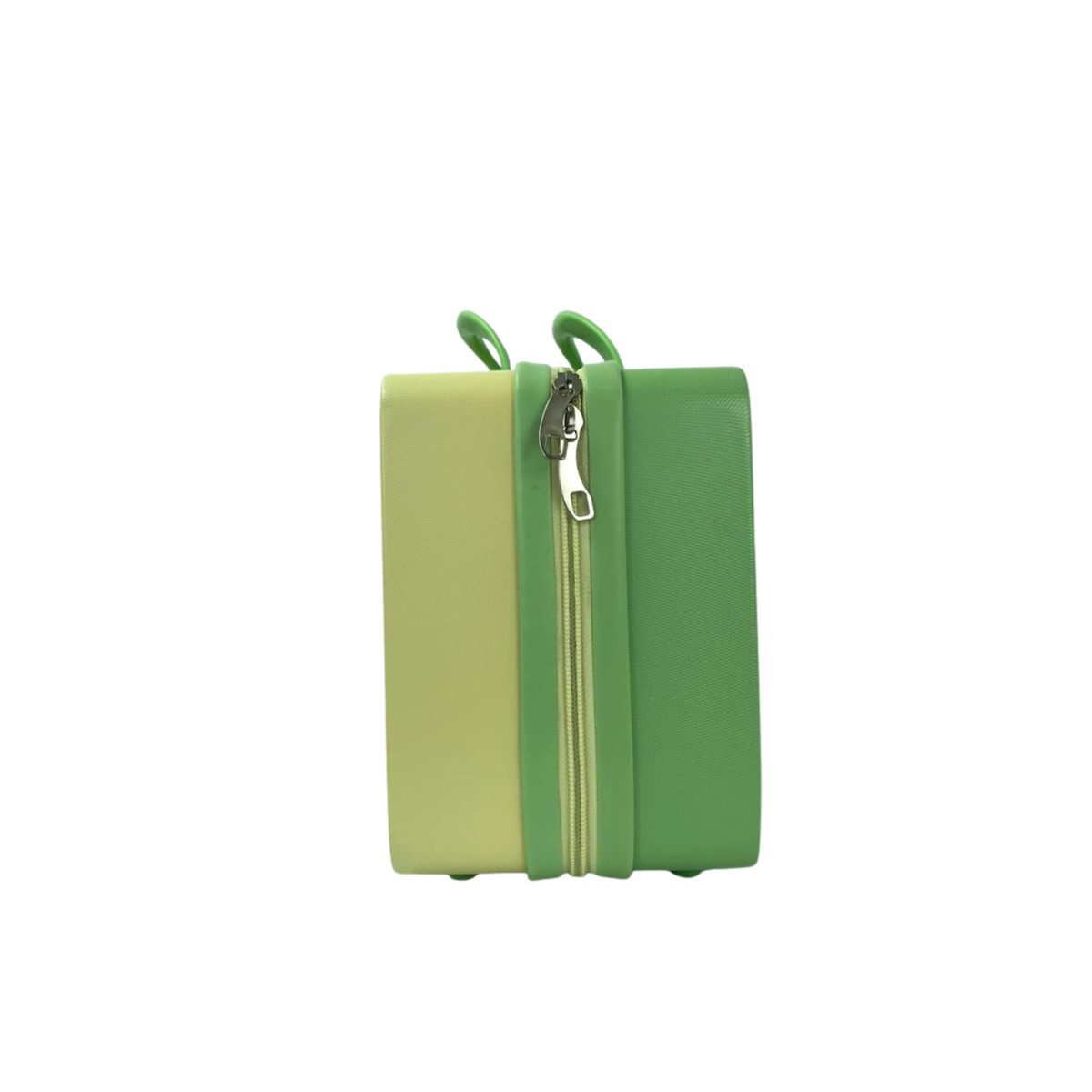 Kids hard-shell beauty organizer box with dual-tone green sides and zipper pocket.