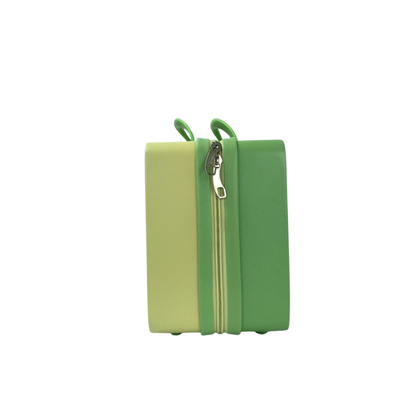 Kids hard-shell beauty organizer box with dual-tone green sides and zipper pocket.