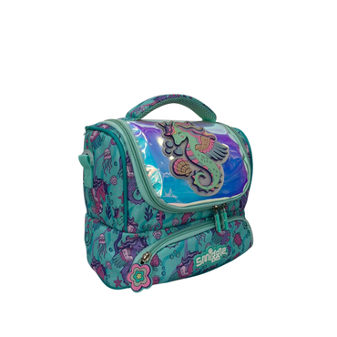 Double-decker lunchbox with teal and purple seahorse and mermaid graphic, front pockets