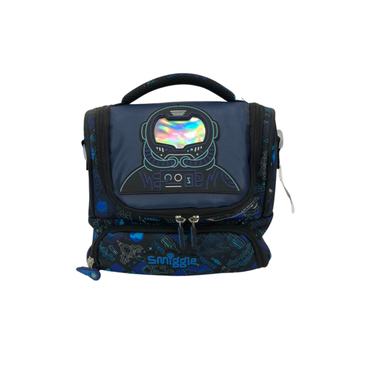 Dark blue double-decker astronaut lunchbox with holographic helmet front and side zip pockets
