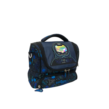 Dark blue double-decker astronaut lunchbox, holographic helmet front, top handle