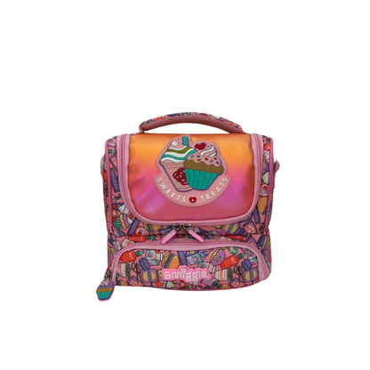Cupcake double decker lunchbox with rainbow cupcake logo, pink front flap, patterned body