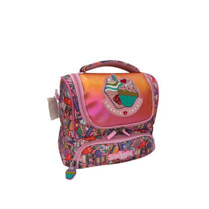 Cupcake double decker lunchbox with pink-and-orange front panel, cupcake logo, carry handle