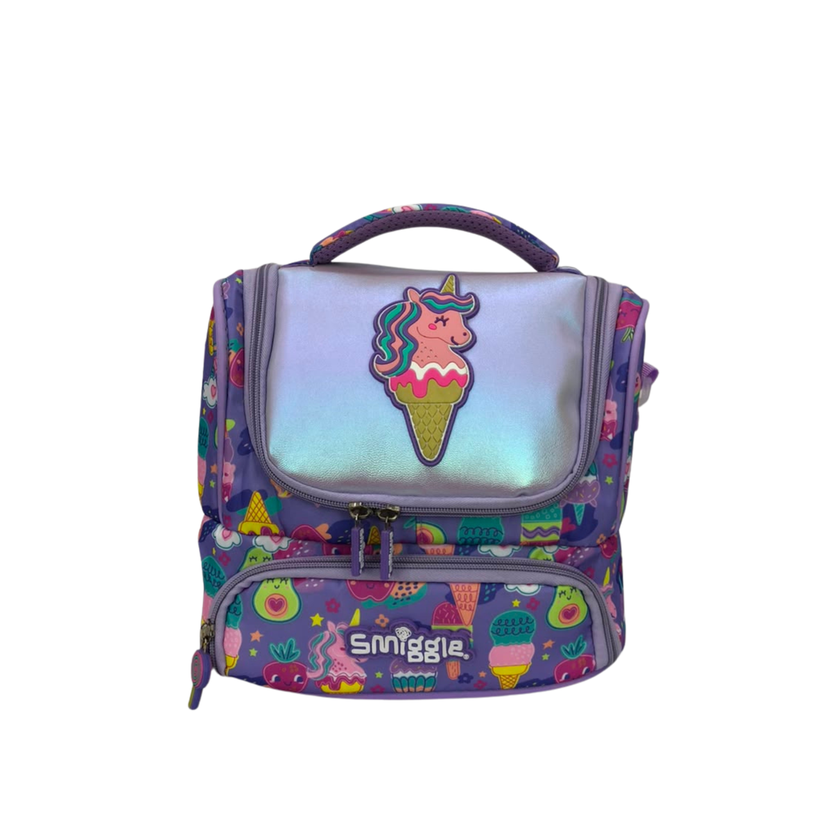 Double-decker lunchbox with iridescent lid, unicorn ice cream badge, Smiggle logo and zips