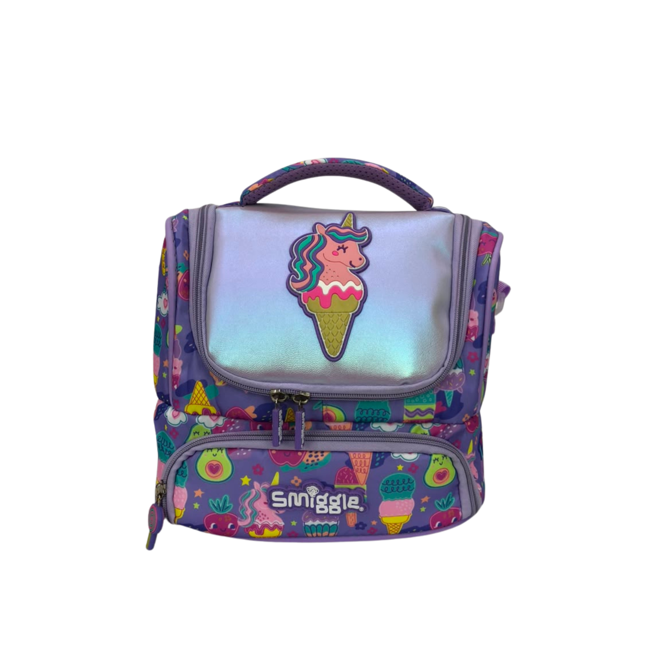 Double-decker lunchbox with iridescent lid, unicorn ice cream badge, Smiggle logo and zips